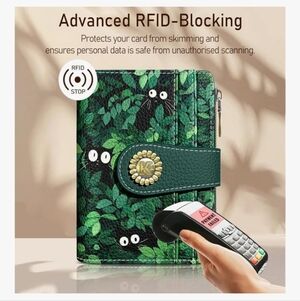 Green Leaf Pattern RFID-Blocking Wallet Black Cat Floral Leaves Funny Cute